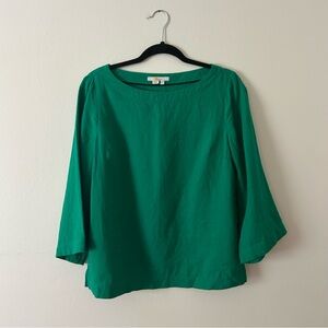 Boden Kelly Green Linen Crew Neck Top with Bell Sleeves